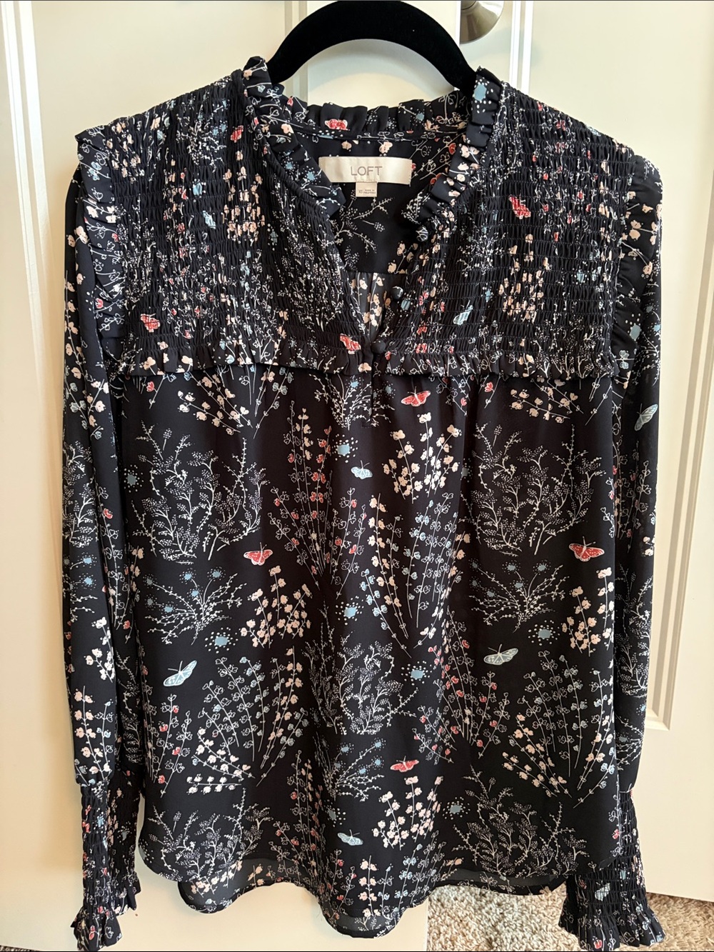 LOFT Navy Blue Floral & Butterfly Smocked-Yoke Blouse
